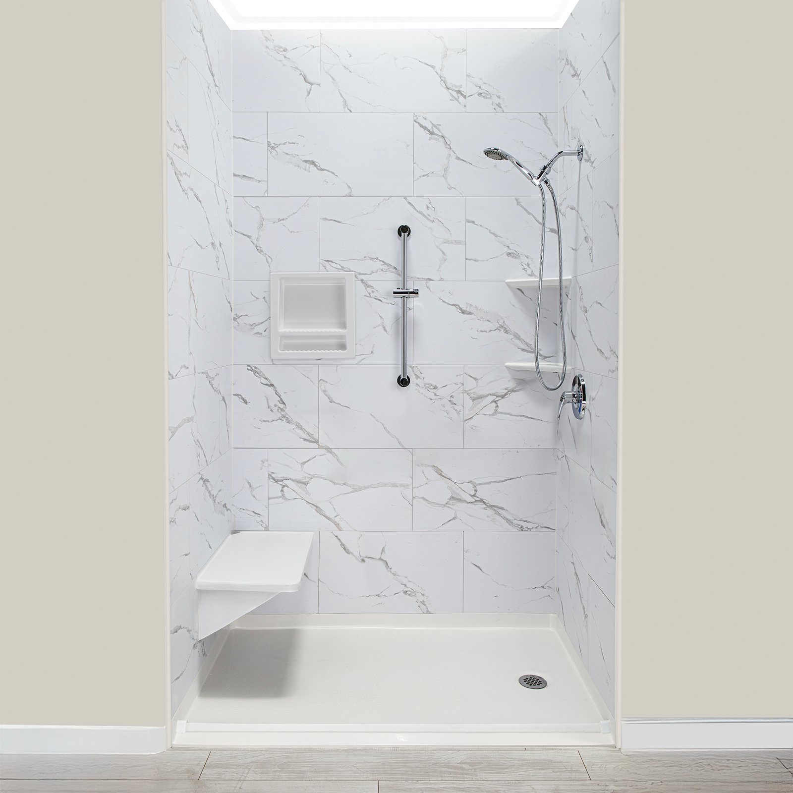 Bariatric Corner Shower Rectangular Seat, Heavy Duty Oversized, Stainless Steel Frame 600 Lbs Capacity - Ella accessible shower stall with marble-look walls, built-in corner seat, grab bar, niche, and handheld showerhead