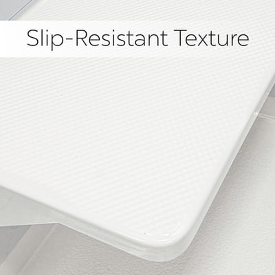 Gros plan sur la surface texturée blanche antidérapante d’un siège de douche d’angle Ella pour un bain accessible et sécurisé