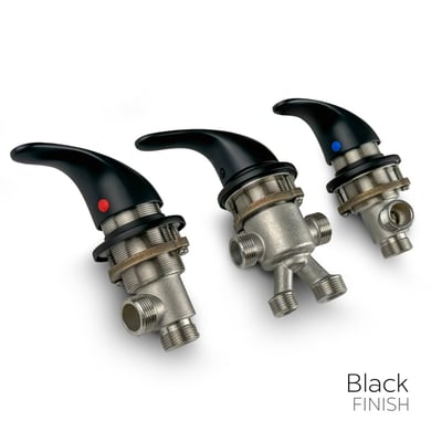 Three black matte finish fast-fill faucet valves with lever handles showing hot, diverter, and cold controls for walk-in tubs