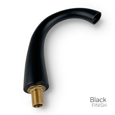 Close-up of a matte black finish fast-fill faucet spout with brass threaded base fitting for walk-in tubs