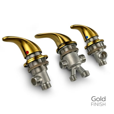 Three gold finish lever handle faucet valves for Ella walk-in tub fast-fill faucet set with hot and cold indicators