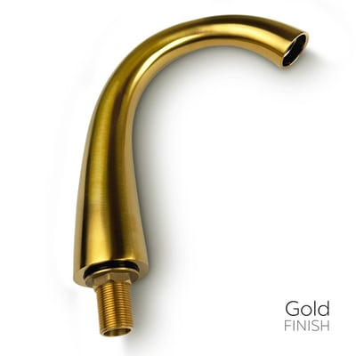 Close-up of a curved walk-in tub fast-fill faucet spout in a polished gold finish with threaded brass base