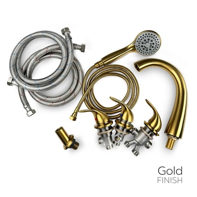 Gold finish 5-piece fast-fill faucet set for walk-in tub with handheld showerhead, hoses, and valves