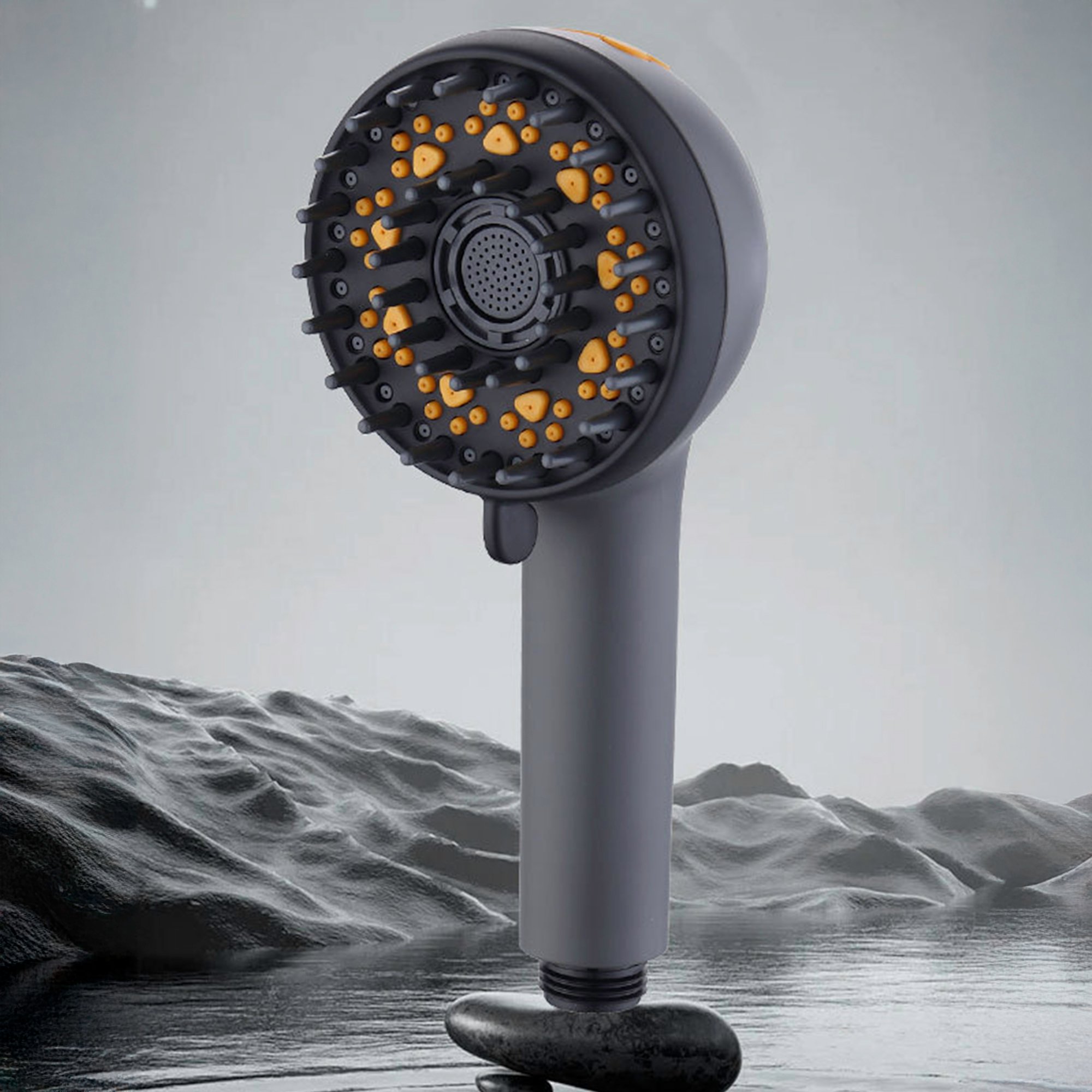 Microbubble Therapy Dog & Pet Spa Bathtub and Jetted Shower - %3E - Close-up of a matte black handheld showerhead with yellow massage nozzles and multi-spray settings for accessible bathing