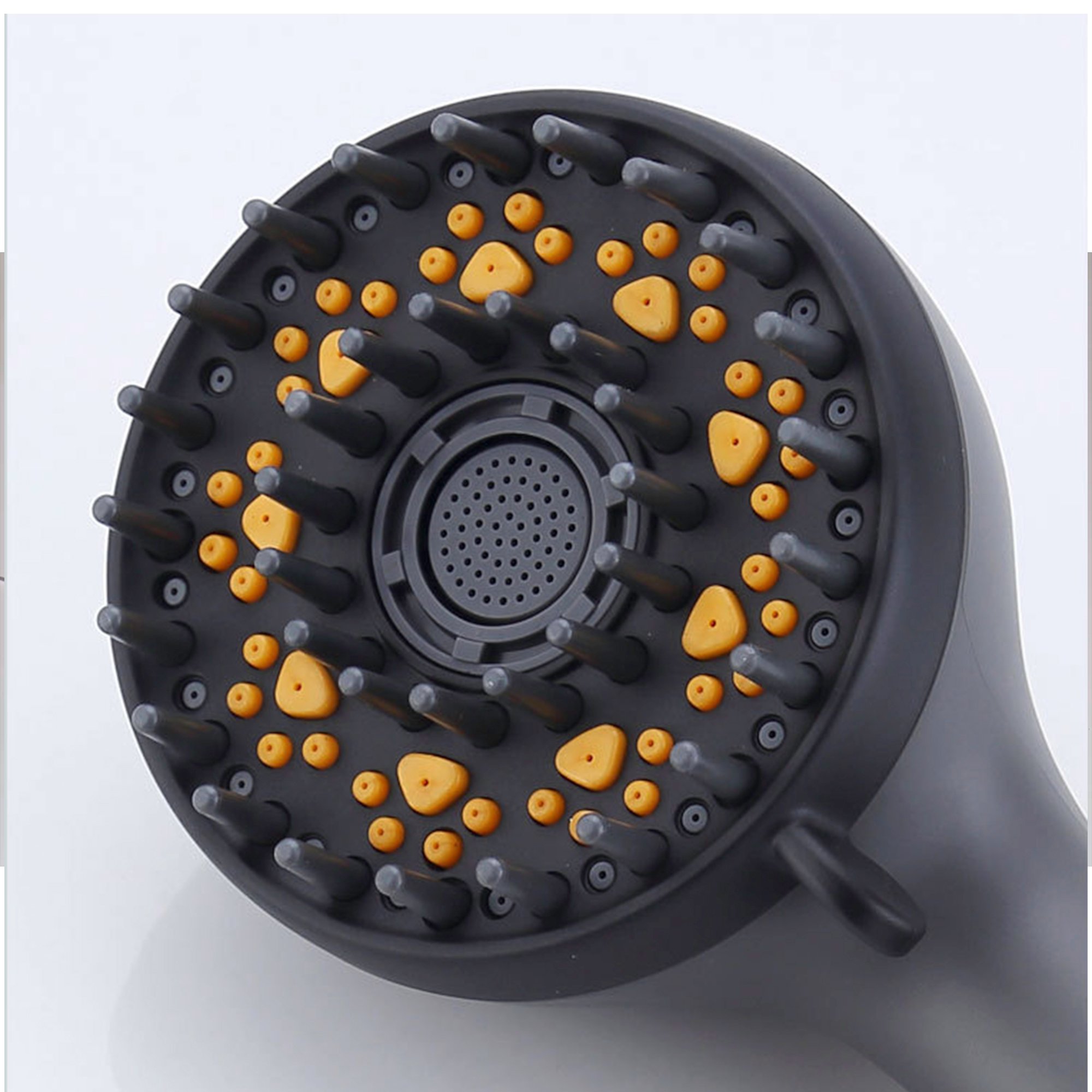 Microbubble Therapy Dog & Pet Spa Bathtub and Jetted Shower - %3E - Close-up of a black handheld massage shower head face with yellow acupressure nodes and rubber massage tips