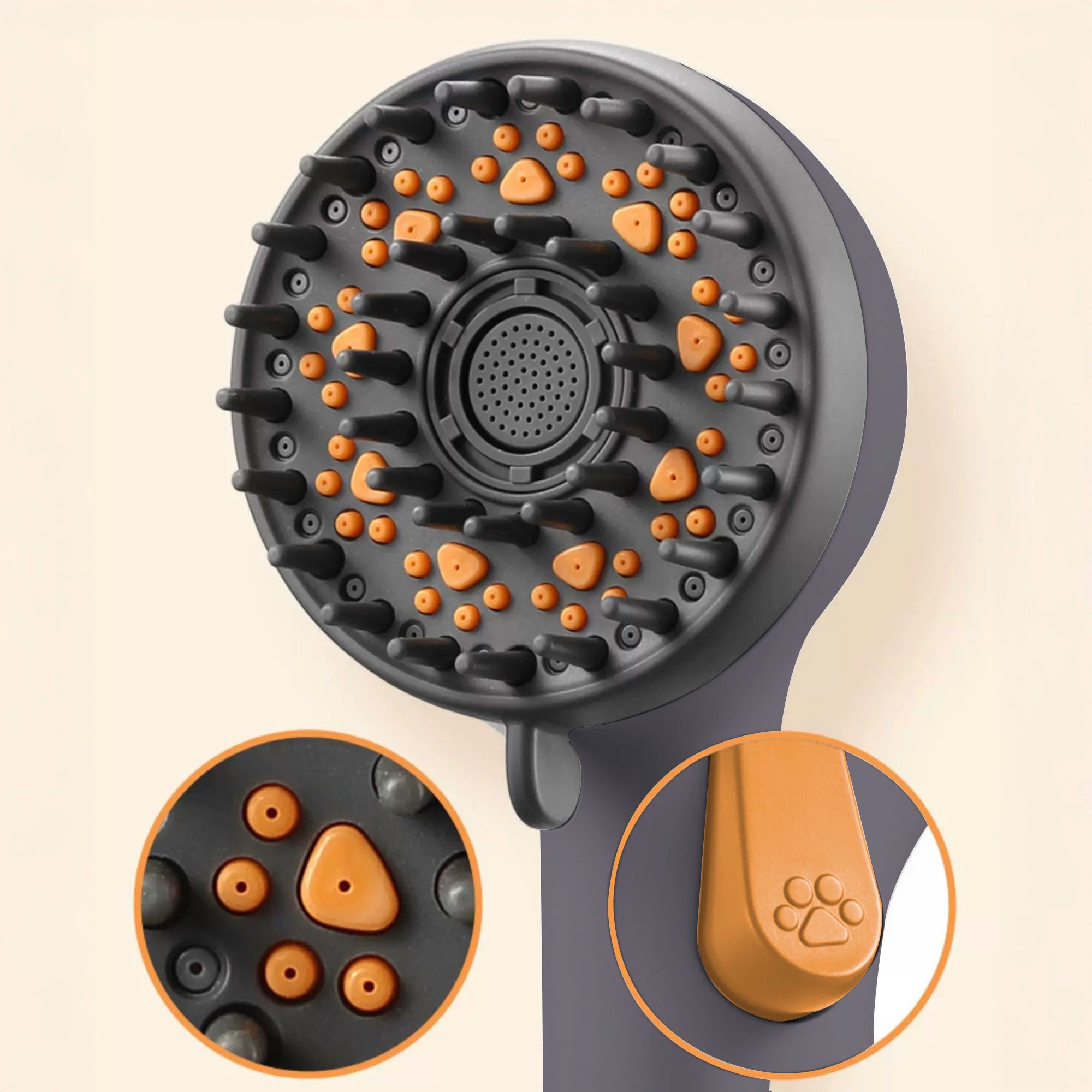 Microbubble Therapy Dog & Pet Spa Bathtub and Jetted Shower - %3E - Close-up of a pet grooming handheld shower head with rubber massage bristles and a paw print button detail