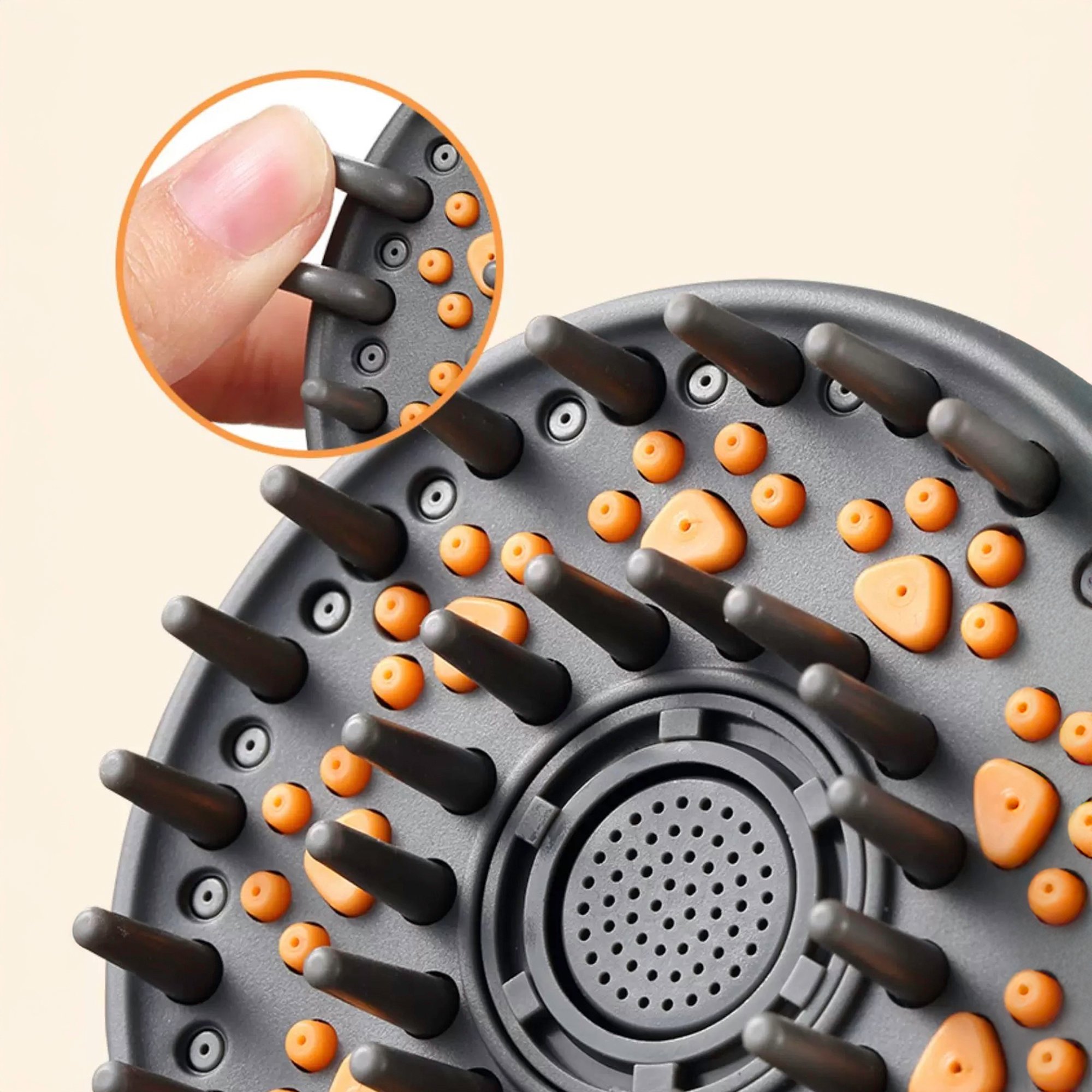 Microbubble Therapy Dog & Pet Spa Bathtub and Jetted Shower - %3E - Close-up of a round handheld shower head face with rubber massage nozzles and water jet ports shown in detail
