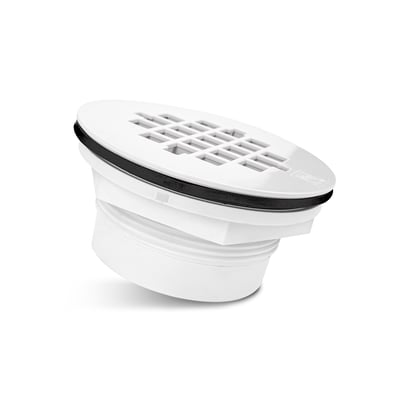Bonde de douche PVC blanche avec couvercle à grille et joint en caoutchouc pour installation de receveur de douche accessible ADA Ella