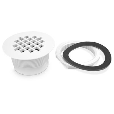 Conjunto de desagüe de ducha de plástico blanco con cubierta de rejilla, junta de goma y anillo de bloqueo para la instalación de platos de ducha accesibles ADA.