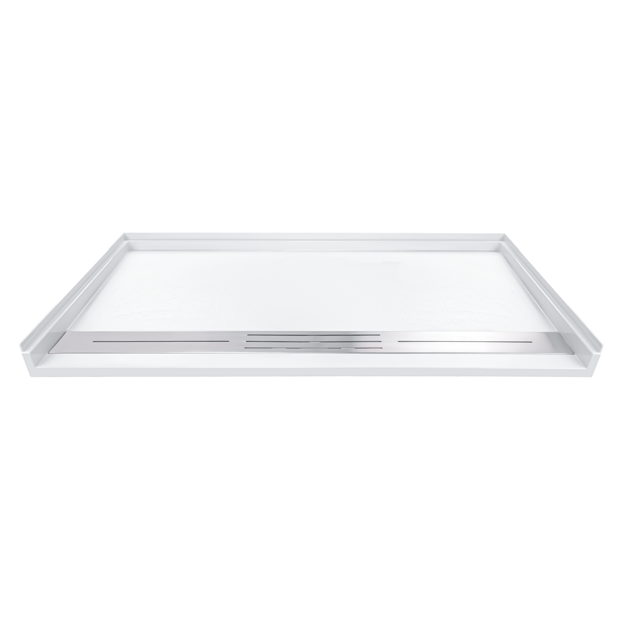 White Ella SMC accessible shower pan with a stainless steel linear drain, front view