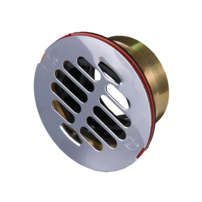 Close-up of a chrome walk-in tub drain strainer with brass threaded body and red rubber gasket seal