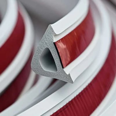 Primer plano de un sello de presa plegable de goma blanco con respaldo adhesivo rojo para una base de ducha de Ella's Bubbles