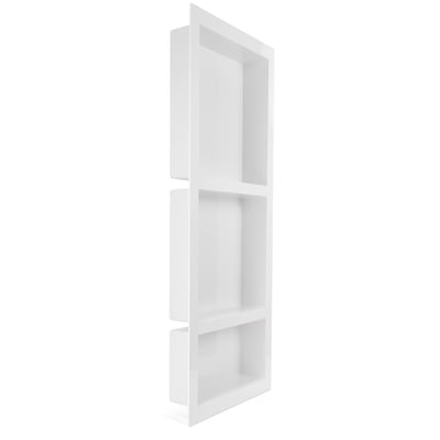 Nicho triple de ducha SMC blanco con tres compartimentos de almacenamiento abiertos para instalación en pared de cabina de ducha accesible