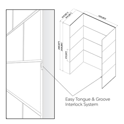 Technical diagram of shower wall kit tongue and groove interlock system with labeled dimensions 36x60 inches and 97-inch height