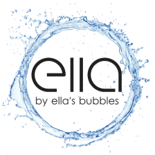 Splash Logo Ella by Ella's Bubbles brand logo encircled by a blue water splash graphic on white background