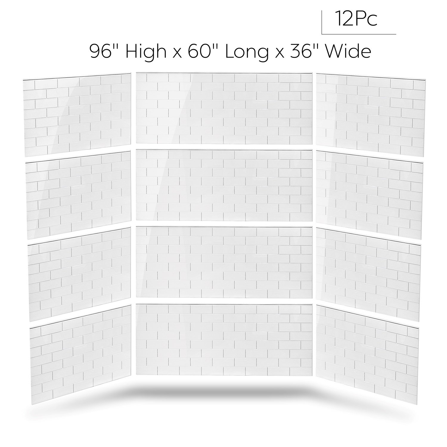 Ella 12-piece SMC white subway tile shower wall panel kit measuring 96 inches high by 60 inches long by 36 inches wide