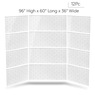 12-piece white subway tile shower wall panels kit measuring 96 inches high by 60 inches long by 36 inches wide