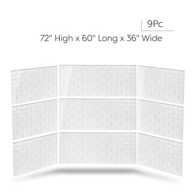9-piece white subway tile shower wall panel kit measuring 72 inches high by 60 inches long by 36 inches wide