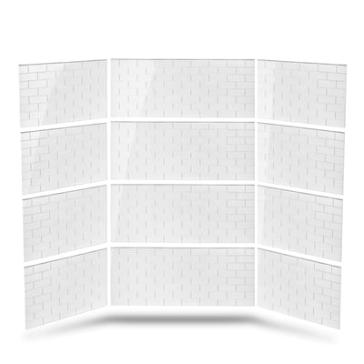Three-panel white subway tile patterned shower wall surround kit displayed on white background showing full coverage design