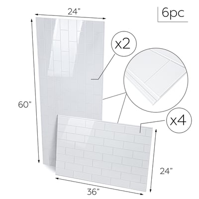 6-piece white subway tile shower wall panel kit showing two 24x60 inch and four 36x24 inch interlocking acrylic panels