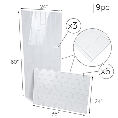 9-piece white subway tile shower wall panel kit with 3 panels at 24x60 inches and 6 panels at 36x24 inches