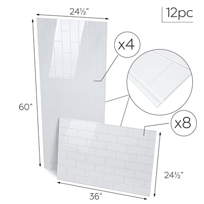 12-piece white subway tile shower wall panel kit showing 4 panels at 24.5x60 inches and 8 panels at 36x24.5 inches
