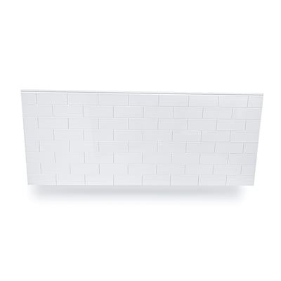 White subway tile-pattern acrylic shower surround wall panel with staggered brick layout on white background