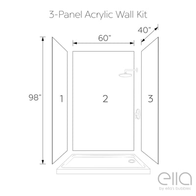 Diagrama de dibujo lineal del kit de pared acrílico de 3 paneles de Ella's Bubbles mostrando dimensiones de 60 × 40 × 98 pulgadas con plato de ducha