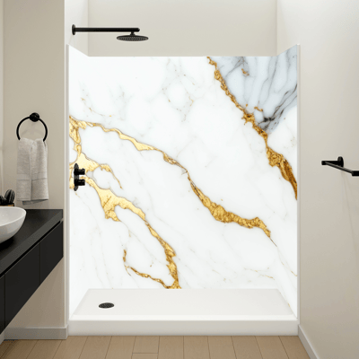 Ella accessible shower stall with white and gold marble-look wall panels - Golden Canals design with black fixtures