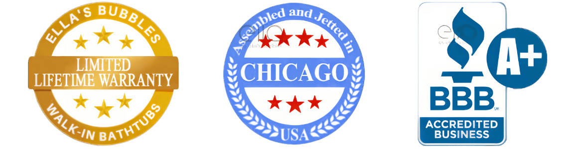 Ella's Bubbles walk-in bathtub trust badges: Limited Lifetime Warranty, Assembled in Chicago USA, and BBB A+ Accredited Business