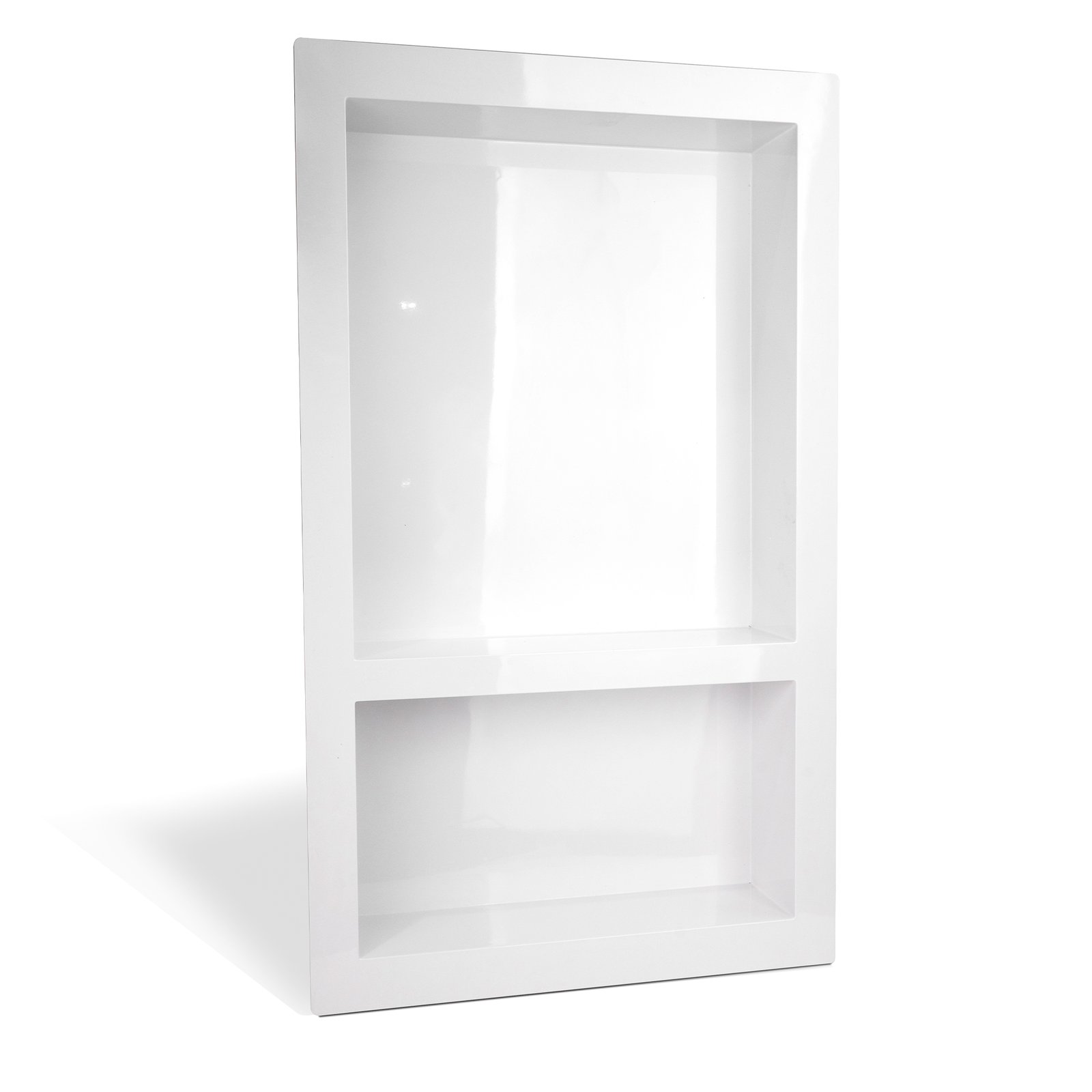 Inserto de pared de ducha SMC blanco de doble nicho con dos compartimentos de almacenamiento abiertos para accesorios de ducha accesible