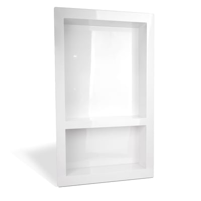 White SMC dual-niche shower wall insert with two open storage compartments for accessible shower accessories