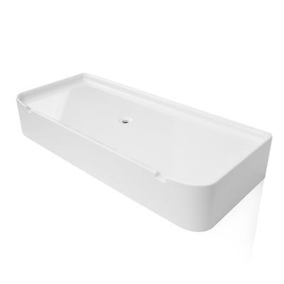 White SMC rectangular shower shelf accessory with center drain hole and raised edges for Ella's Bubbles walk-in shower