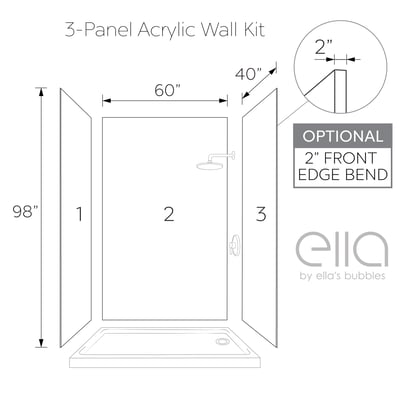 Ella's Bubbles 3-panel acrylic wall kit diagram showing 60x40x98 inch dimensions with optional 2-inch front edge bend detail