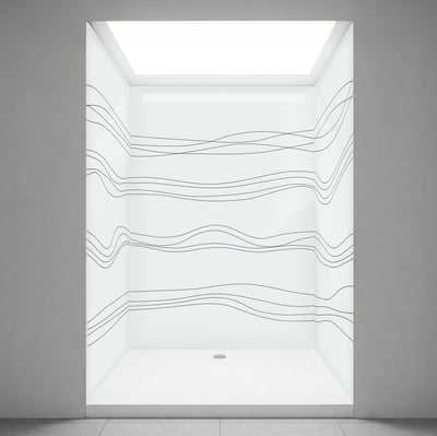 White acrylic accessible shower stall with wave line pattern walls and center floor drain under skylight