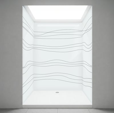 White walk-in shower stall with wave-line patterned acrylic walls and a flat anti-slip shower base with center drain