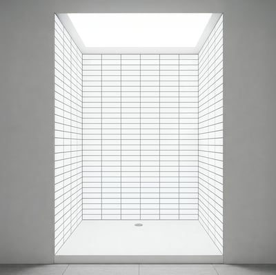 Empty accessible shower stall with white subway tile walls, skylight overhead, and center floor drain