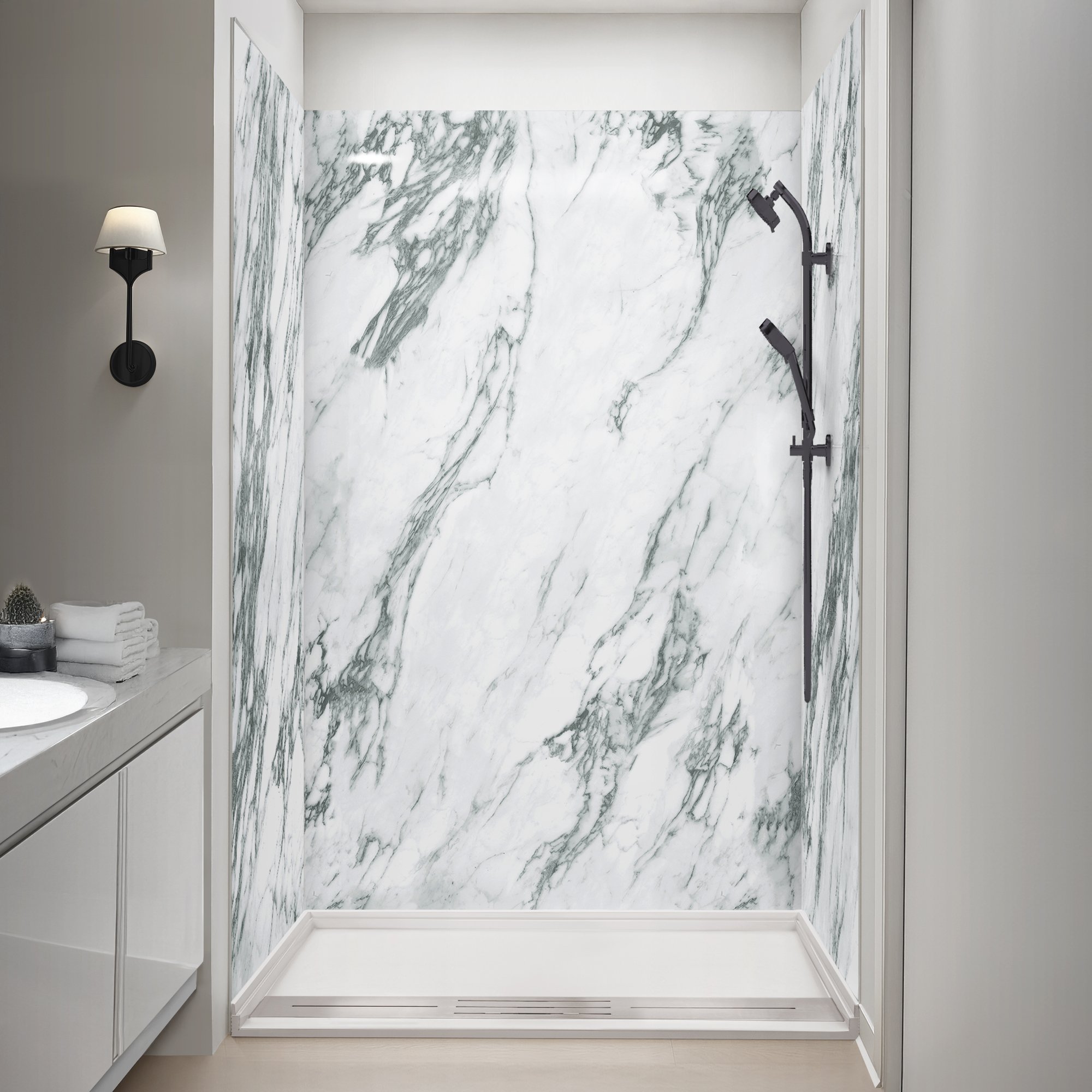 Ella acrylic 3-panel shower wall kit in a printed Verde Alpi marble look, 98 inches high, installed in a bathroom