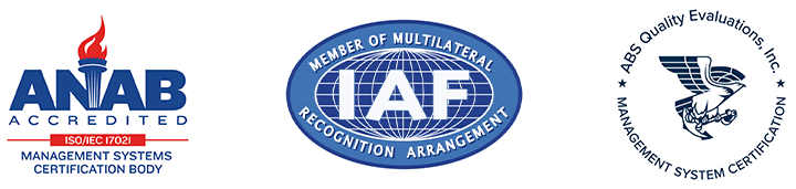 ANAB Accredited ISO/IEC 17021 badge, IAF Multilateral Recognition Arrangement seal, and ABS Quality Evaluations certification logos