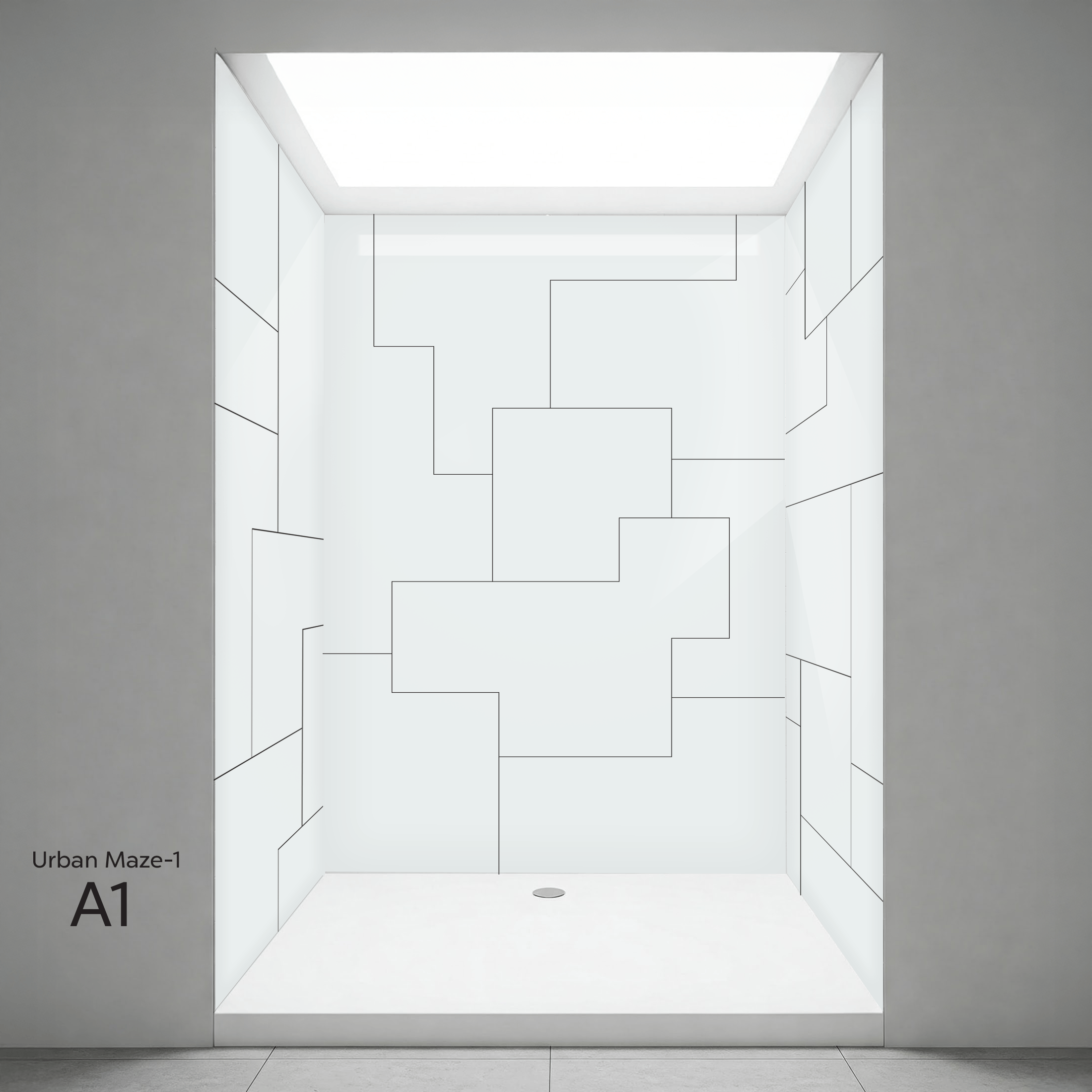 Murs de douche Salle de bain Cabine de douche accessible blanche Ella Urban Maze-1 A1 avec parois à motif géométrique en marches et bonde centrale au sol