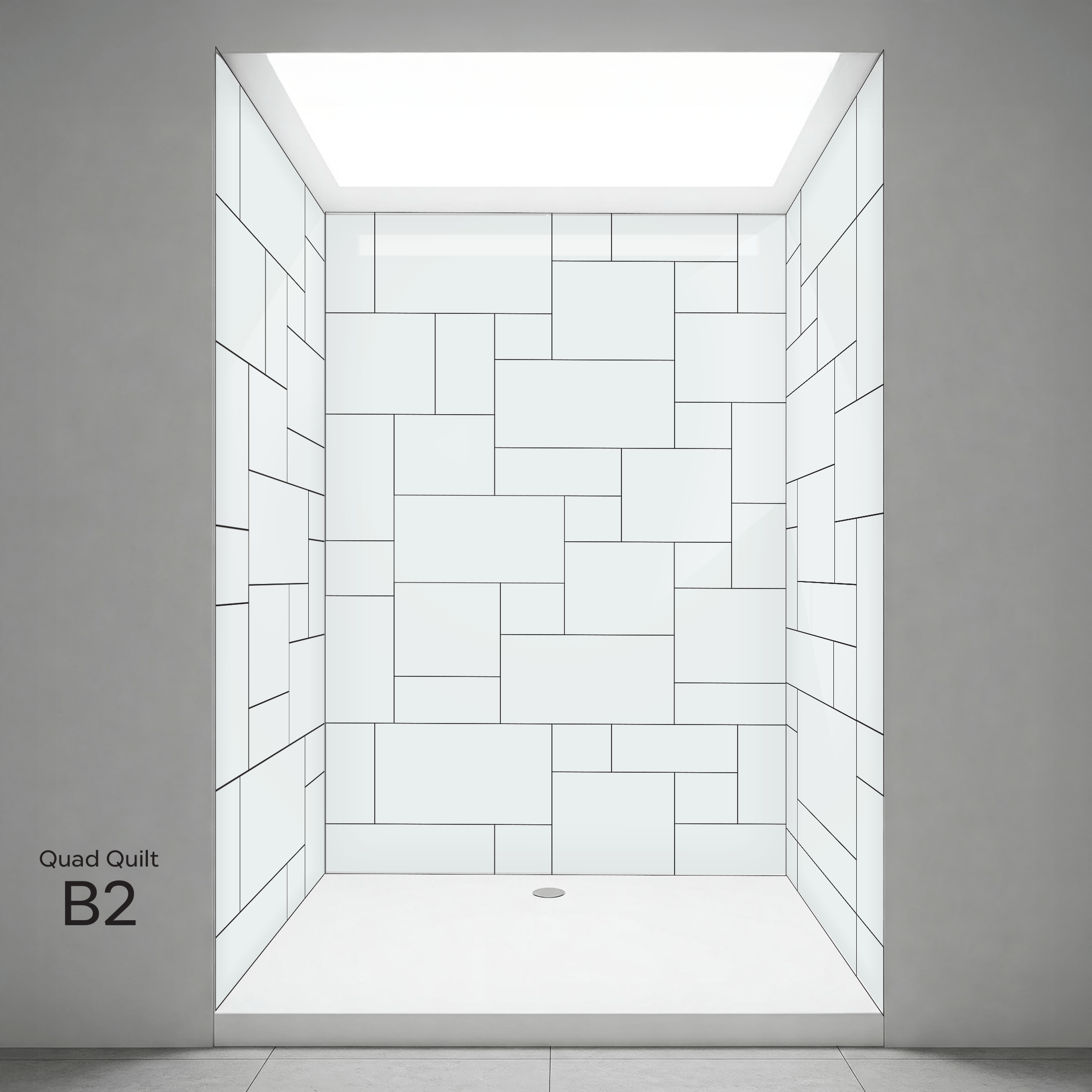 Mur de douche CNC Salle de bain Intérieur de cabine de douche Ella avec parois blanches à motif carrelage Quad Quilt B2 et bonde centrale au sol