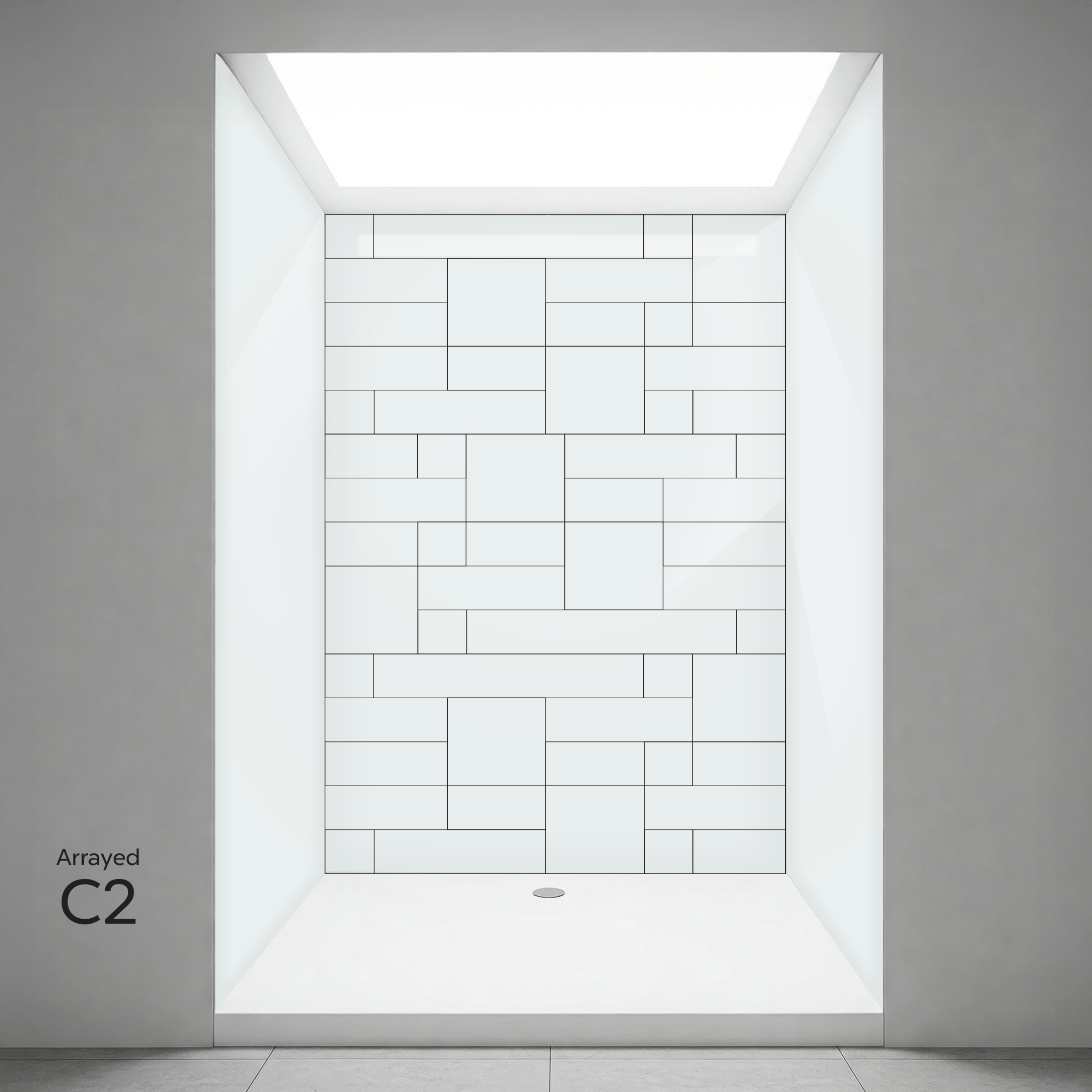 Mur de douche CNC Blanc Paroi arrière de cabine de douche accessible Ella avec motif carrelage blanc Arrayed C2 à disposition rectangulaire variée
