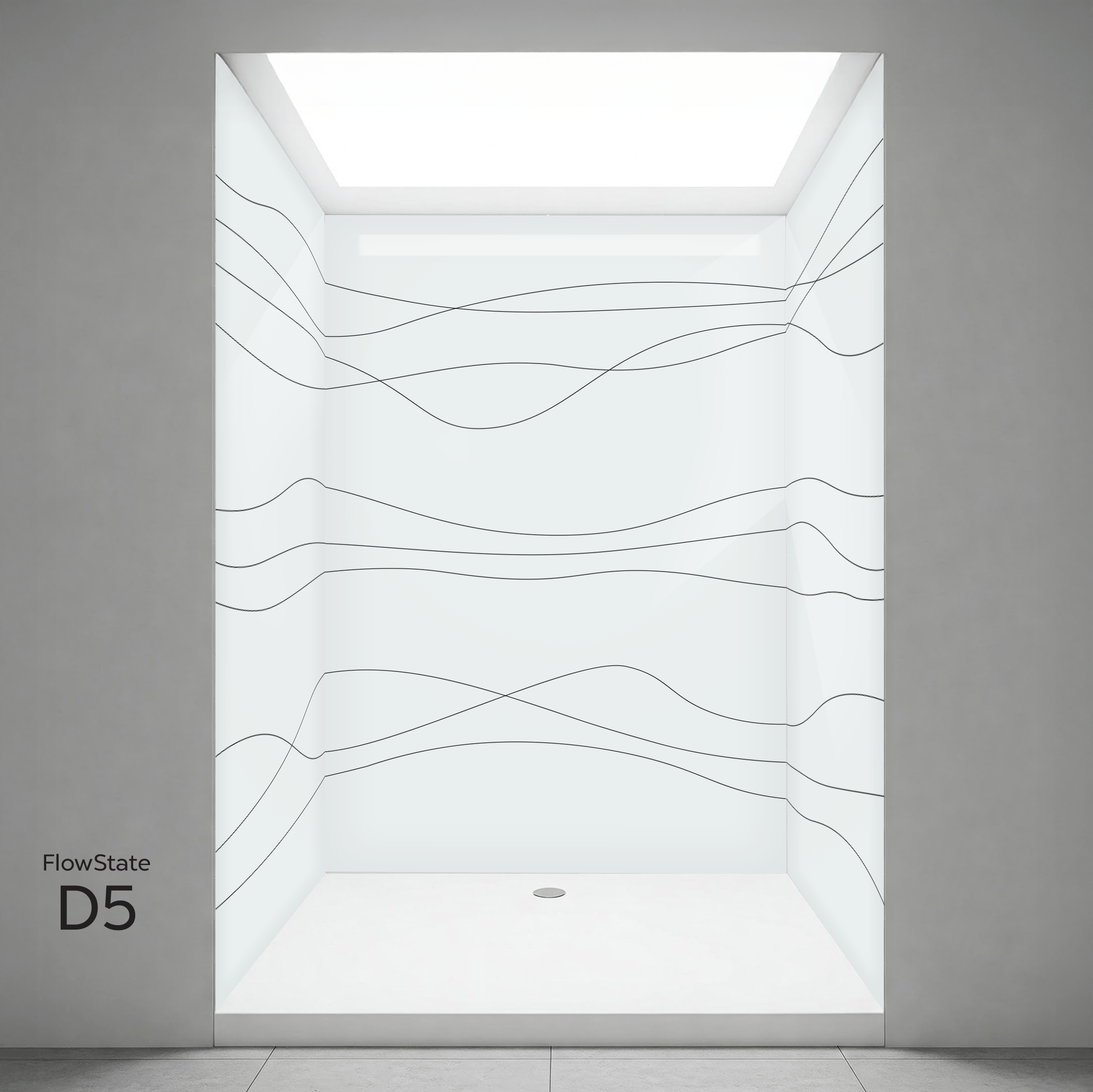 Murs de douche CNC Acrylique Cabine de douche accessible Ella FlowState D5 avec parois en acrylique blanc au motif de lignes ondulées