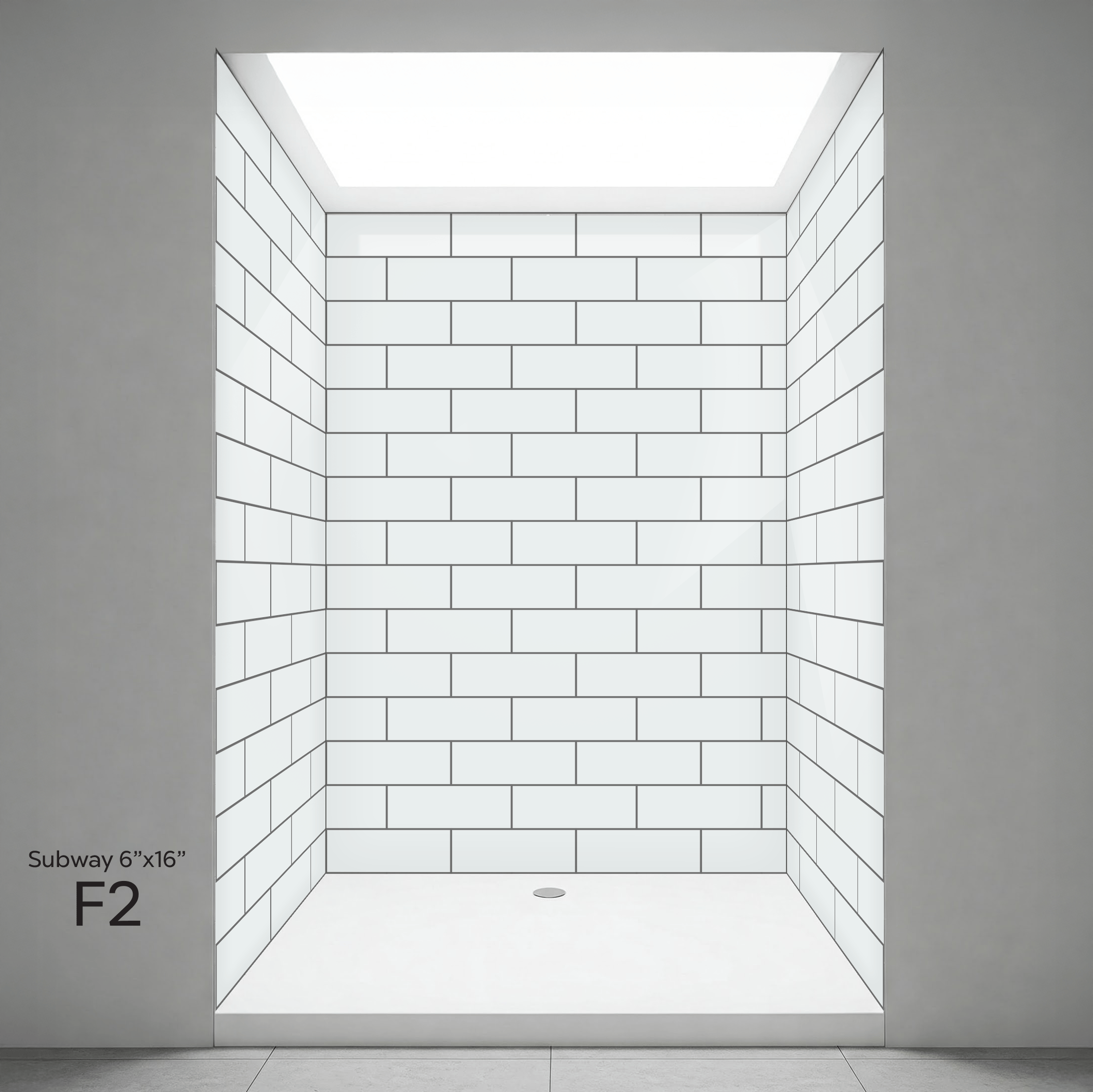 Mur de douche Acrylique CNC Design Subway Intérieur de cabine de douche accessible Ella avec design d’habillage mural en acrylique CNC F2, motif carreaux métro blancs 6x16