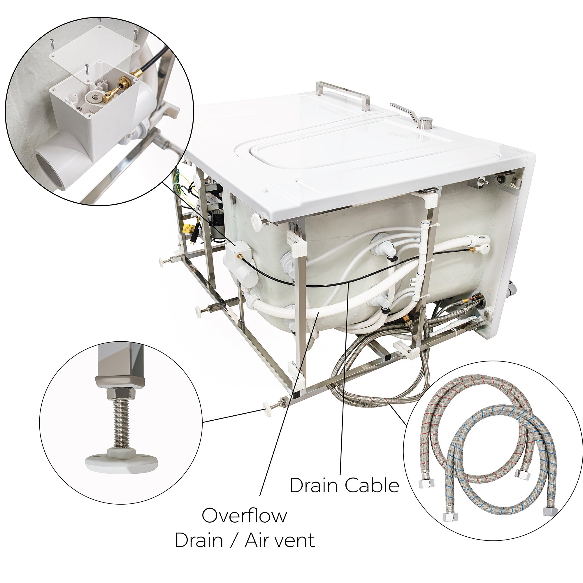 Underside of an Ella walk-in tub showing the drain cable, overflow drain, air vent and braided supply hoses