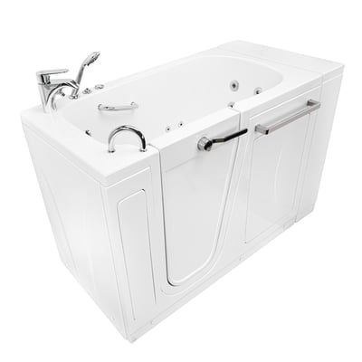 Ella Oasis walk-in tub with outward swing door, chrome grab bars, whirlpool jets, and handheld showerhead on white background