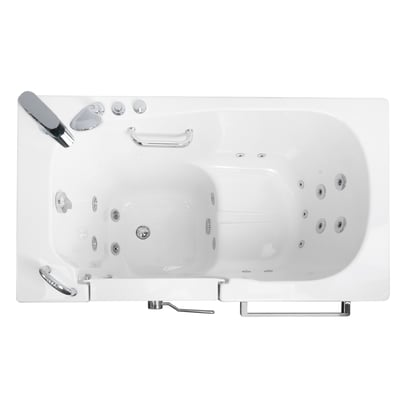 Overhead view of Ella walk-in tub with dual hydro massage jets, chrome grab bar, faucet, and anti-slip seat