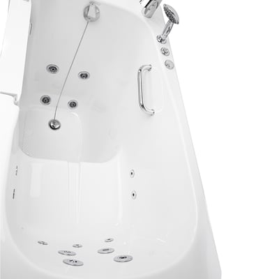 Interior view of Ella walk-in tub with hydro massage jets, chrome grab bar, handheld showerhead, and anti-slip floor
