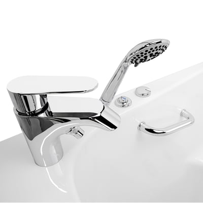 Close-up of chrome faucet, handheld showerhead, control jets, and grab bar on an Ella walk-in tub deck