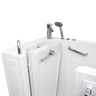 Close-up of Ella walk-in tub door entry with chrome grab bar, handheld showerhead, and faucet controls